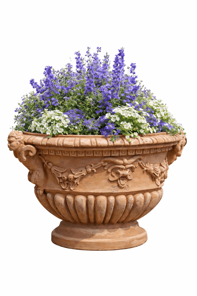 Reproduction d’un vase ovale en terracotta du XVIe siècle avec décors sculptés